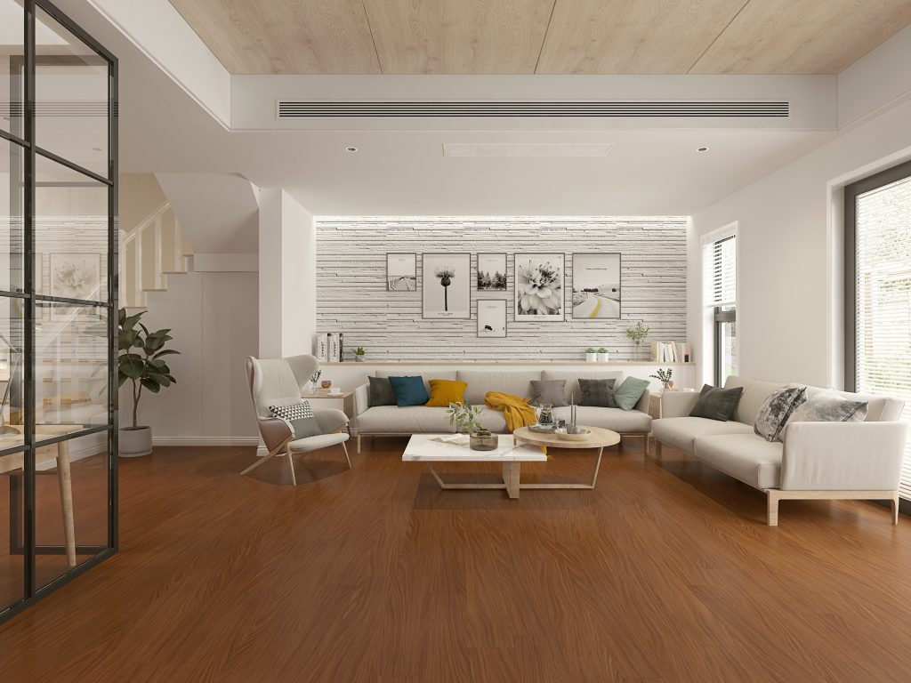 Golden teak vinyl flooring sample in living room