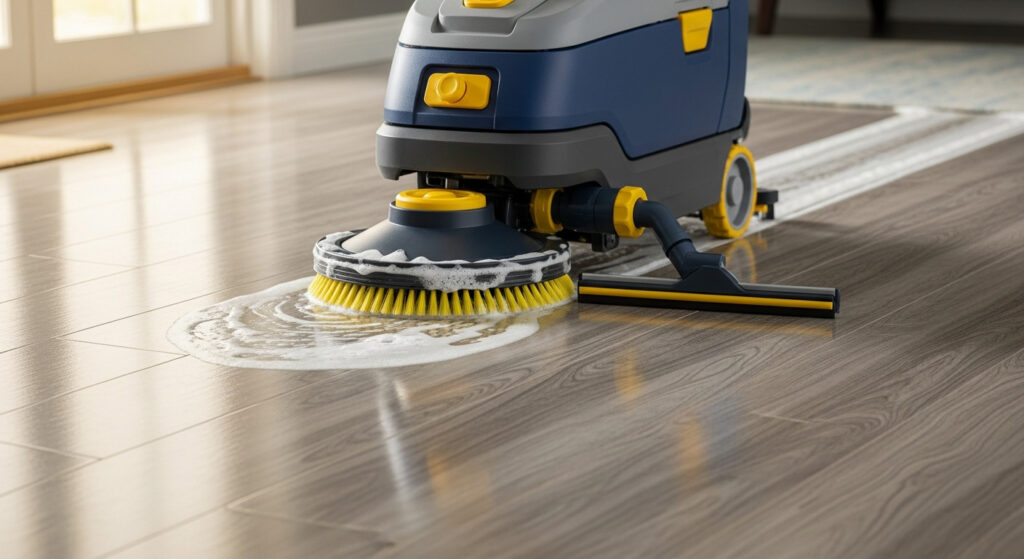 A commercial vinyl cleaning machine cleaning the vinyl flooring of a landed Singapore